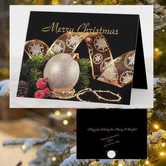 上品なゴールドとシルバーの企業クリスマスホリデーグリーティング シーズンカード