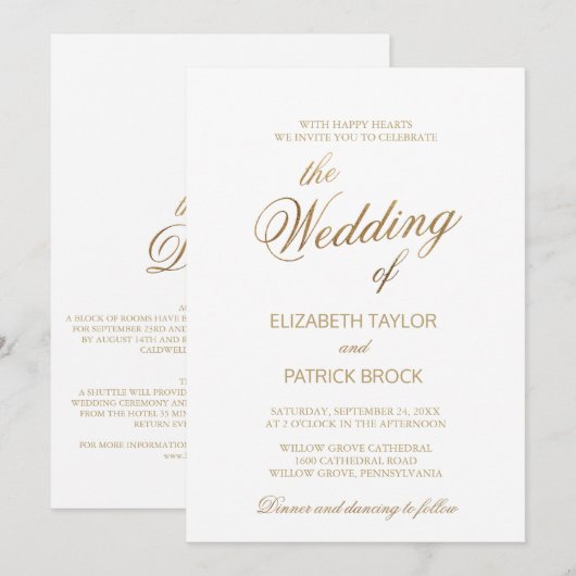 上品なゴールドカリグラフィーの詳細がバックに付いた結婚式の招待状 招待状 (正面/裏面)