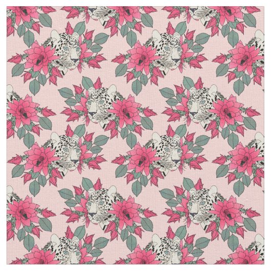 上品なサボテンの花とヒョウのデザイン ファブリック (クローズアップ)