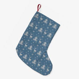 上品なシカ柄 ブルー スモールクリスマスストッキング