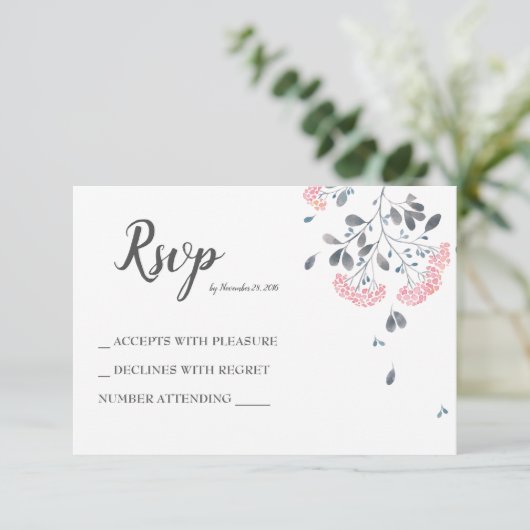 上品なシックなグレーピンクの水の色の結婚式RSVP 出欠カード (スタンド正面)