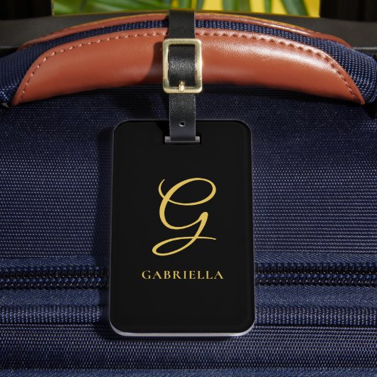 上品なシックなスクリプトモノグラムブラックと金ゴールドカスタム ラゲッジタグ (正面インサイチュ2)