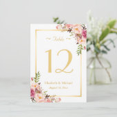 上品なシックなピンクのフローラ結婚金ゴールドのテーブル番号 招待状 (スタンド正面)