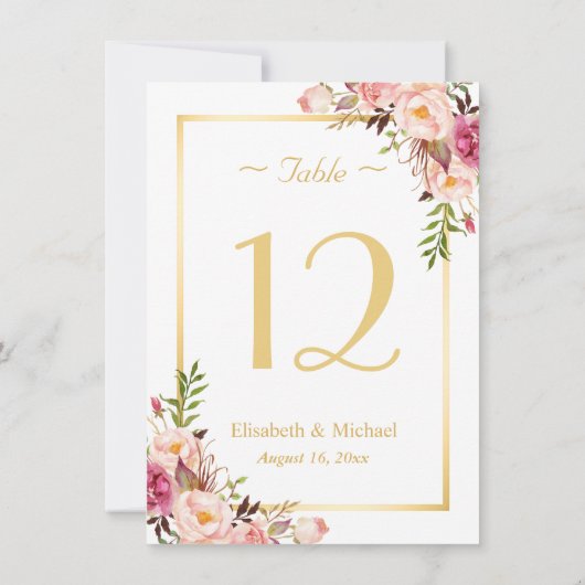 上品なシックなピンクのフローラ結婚金ゴールドのテーブル番号 招待状 (裏面)