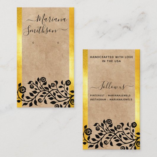 上品なシックなブラックベージュ金ゴールドイヤリングディスプレイカード 名刺 (正面/裏面)