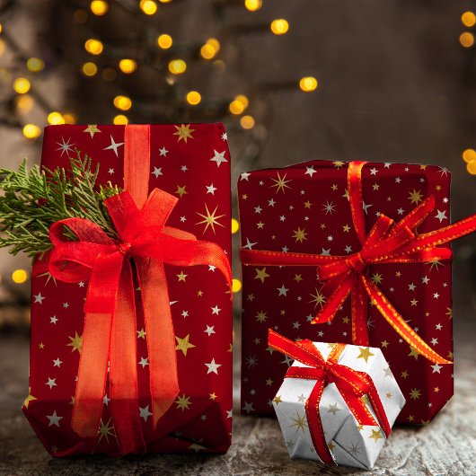上品なシックエレガント金ゴールドシルバーレッドクリスマススター ラッピングペーパーシート