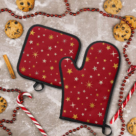 上品なシックエレガント金ゴールドシルバーレッドクリスマススター 鍋つかみ&鍋敷きセット