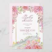 上品なシックフローラゴールデンフレームベビーシャワー 招待状 (正面/裏面)