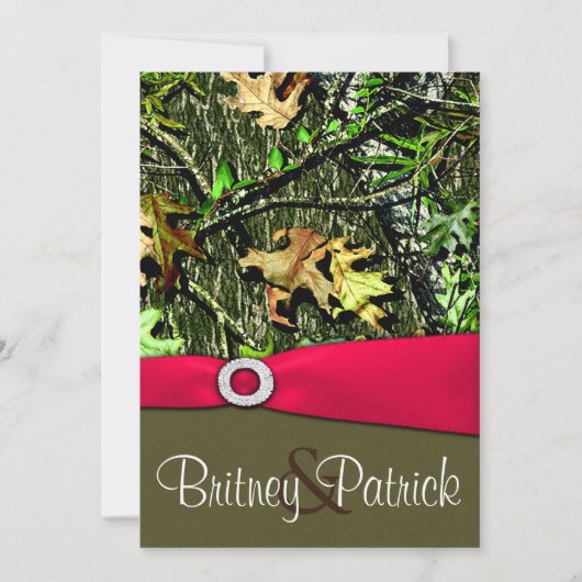 上品なショッキングピンクの狩りの迷彩柄の結婚式招待状 招待状 (正面)