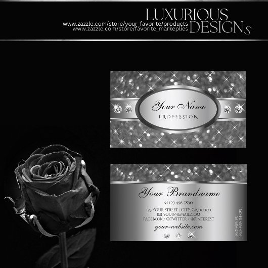 上品なシルバーグリッタースパークルダイヤモンド装飾 名刺