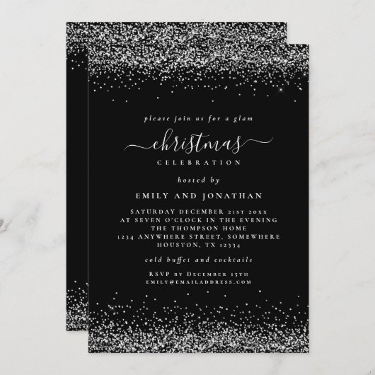 上品なシルバーグリッターブラッククリスマスパーティー 招待状 (正面/裏面)