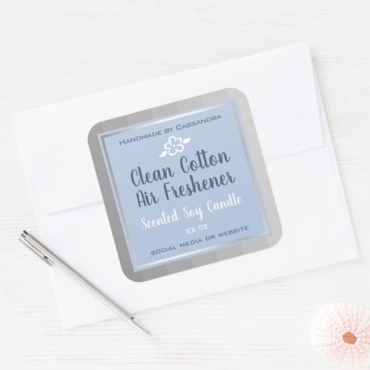 上品なシルバーグレーブルー製品パッケージラベル スクエアシール (封筒)