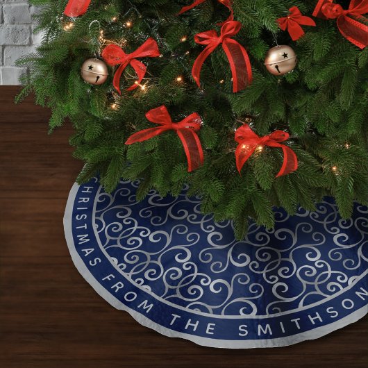 上品なシルバー&ネイビーブルークリスマスダマスクカスタム ブラッシュドポリエステルツリースカート