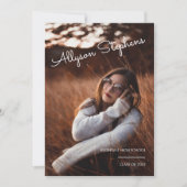 上品なスクリプトホワイト文字フォトパープル卒業 案内状 (正面)