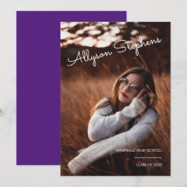 上品なスクリプトホワイト文字フォトパープル卒業 案内状