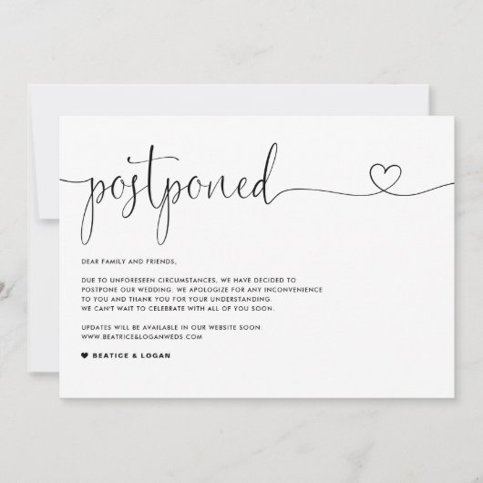 上品なスクリプト 結婚式延期のお知らせ 案内状 (正面)