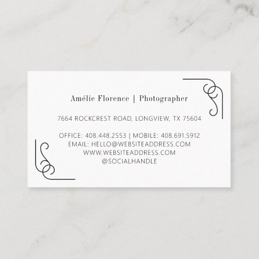 上品なスクロールピンクの名札結婚の写真家 名刺 (裏面)