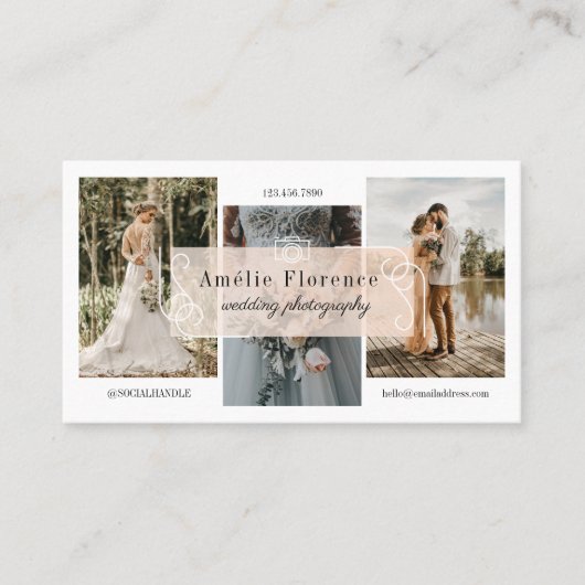 上品なスクロールピンクの名札結婚の写真家 名刺 (正面)