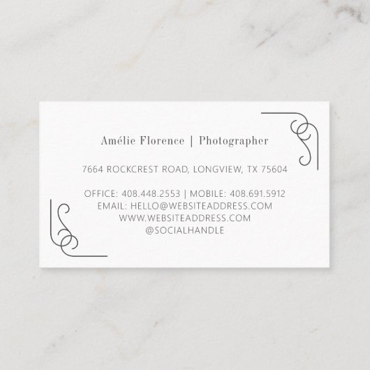 上品なスクロール黒名札結婚の写真家 名刺 (裏面)