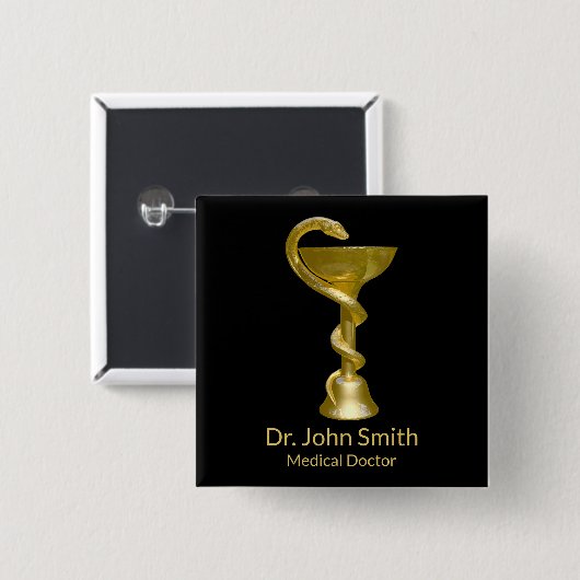 上品なスネークメディカルボウル衛生的金ゴールドカドゥセウス 缶バッジ (正面&裏面)