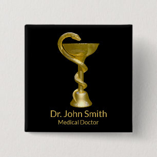 上品なスネークメディカルボウル衛生的金ゴールドカドゥセウス 缶バッジ