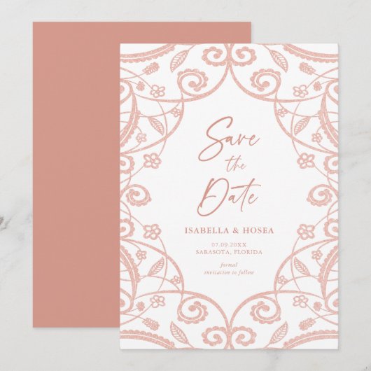 上品なソフト ローズゴールド グリッター フローラルレース ウェディング セーブザデート (正面/裏面)