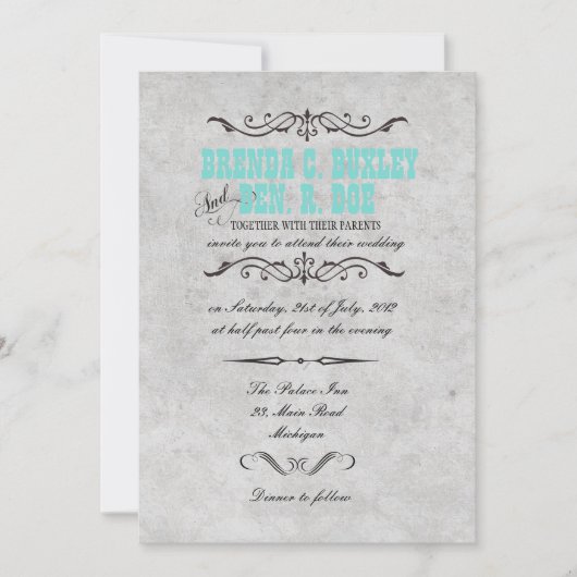 上品なターコイズヴィンテージウェディング招待状 招待状 (正面)
