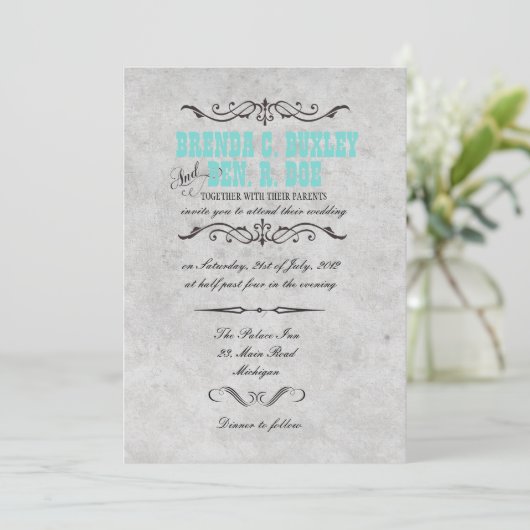 上品なターコイズヴィンテージウェディング招待状 招待状 (スタンド正面)