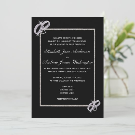 上品なダイアモンド結婚シルバーのリングや輪結婚ズ 招待状 (スタンド正面)