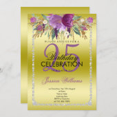 上品なダイヤモンドの輝きと水彩花の誕生日 招待状 (正面/裏面)