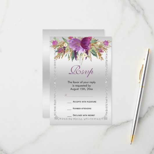 上品なダイヤモンドグリッター水の色の花誕生日 出欠カード (正面/裏面インサイチュ)