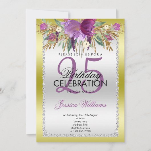 上品なダイヤモンドグリッター水の色の花誕生日 招待状 (正面)