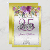 上品なダイヤモンドグリッター水の色の花誕生日 招待状 (正面/裏面)