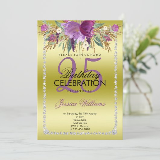 上品なダイヤモンドグリッター水の色の花誕生日 招待状 (スタンド正面)