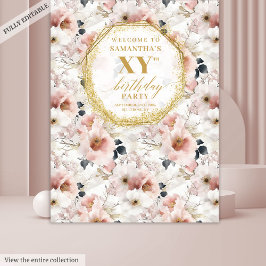 上品なダスティピンクの花のバースデーフォトブース タペストリー