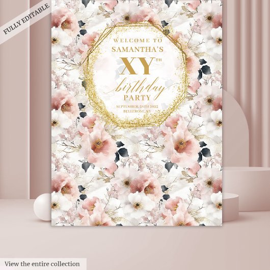 上品なダスティピンクの花のバースデーフォトブース タペストリー