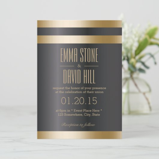 上品なダークゴールドフォイルストライプ結婚式招待状 招待状 (スタンド正面)