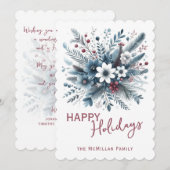 上品なダークテールブルーと赤の花のホリデーシーズンリース シーズンカード (正面/裏面)