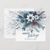 上品なダークテールブルーと赤の花のホリデーシーズンリース シーズンカード (正面/裏面)