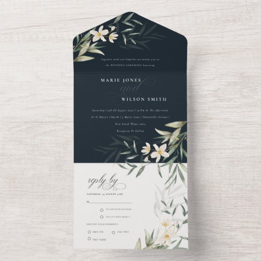 上品なダークネイビーホワイトグリーン結婚フローラ オールインワン招待状 (内側)
