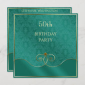 上品なティール（緑がかった色）と金ゴールド旋回、ダマスク50誕生日 招待状 (正面/裏面)