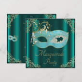 上品なティール（緑がかった色）のマスクの仮面舞踏会のパーティー 招待状 (正面/裏面)