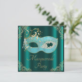 上品なティール（緑がかった色）のマスクの仮面舞踏会のパーティー 招待状 (スタンド正面)