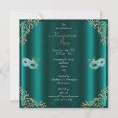 上品なティール（緑がかった色）のマスクの仮面舞踏会のパーティー 招待状 (裏面)