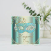 上品なティール（緑がかった色）の金ゴールドの華麗さのマスクの仮面舞踏会のパーティー 招待状 (スタンド正面)