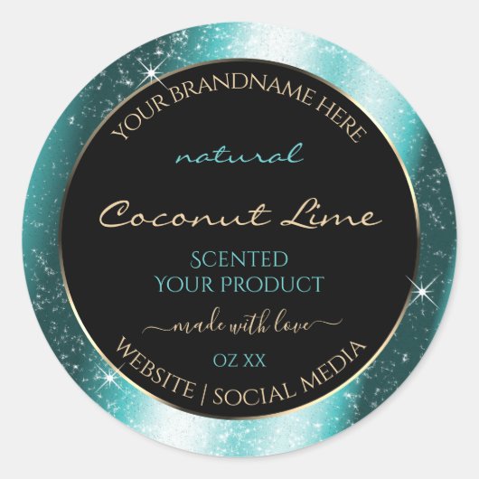上品なティール(緑がかった色)スパークルグリッターフレーム製品ラベル ラウンドシール (正面)