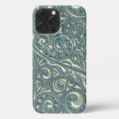 上品なティール(緑がかった色)ブルーグリーンペイズリーフローラアートパターン iPhoneケース (裏面)