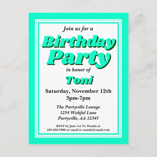 上品なティール(緑がかった色)大人の誕生日パーティー インビテーションポストカード (正面)