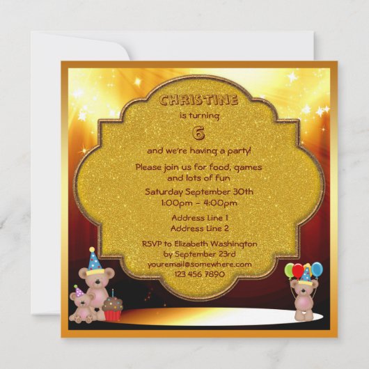 上品なテディはステージの誕生会に関係します 招待状 (裏面)