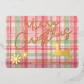 上品なトナカイをピンクレッドライトグリーンプレイド金ゴールド 箔シーズンカード (正面)